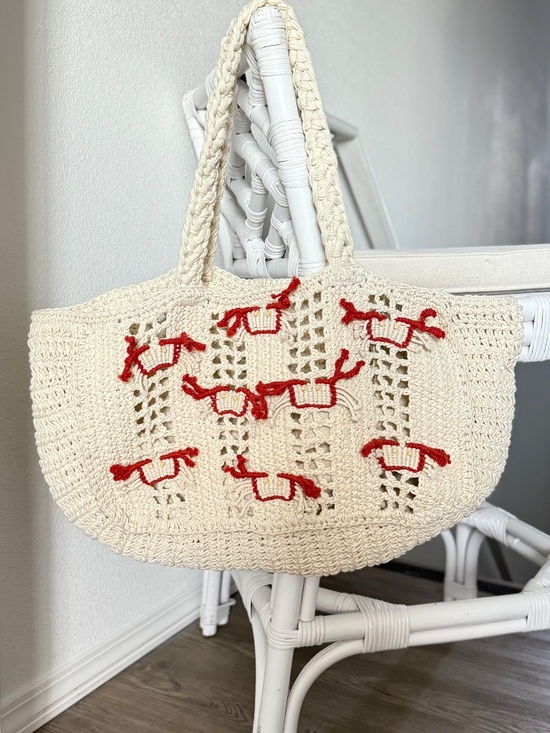 Made In India Handbags - Handmade Crochet Cotton Beach Bag Crab Satchel Jumbo Tote Nautical Red White NWT